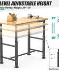 Adjustable Height Workbench for Garage and Workshop with 0.8 Inch Solid Rubberwood Top, Heavy Duty Build, Alloy Steel Legs, Rust Resistant