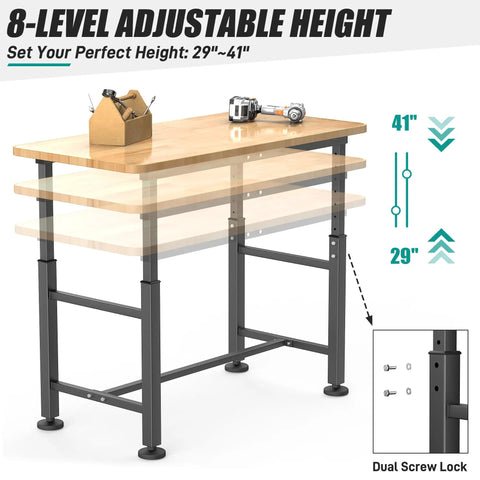 Adjustable Height Workbench for Garage and Workshop with 0.8 Inch Solid Rubberwood Top, Heavy Duty Build, Alloy Steel Legs, Rust Resistant