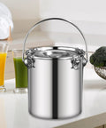 Stainless Steel Sealed Water Bucket And Multipurpose Stockpot for bar and kitchen, 20x20 cm, on countertop with handle.