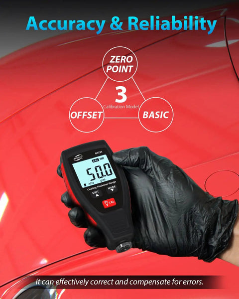 Digital Paint Coating Thickness Meter 0 To 1800 Micrometers With LCD Backlit Rotating Screen Pro Grade Auto Substrate Recognition Ferrous And Non Ferrous Gauge For Checking Car Original Coating And Paint Depth on red car panel