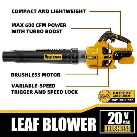 Cordless Leaf Blower With 600 CFM And 125 MPH Turbo Boost, brushless motor, 20V Max, ergonomic design, tool only.
