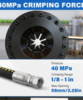 Pro Level Electric Hydraulic Hose Crimper With Eight Slick Dies For No Sweat Quarter To One Inch Seals On Automotive AC And Heavy Duty Farm Gear Portable 110 Volt Power Setup For Reliable Fuel Line And Hydraulic Repair Jobs, showcasing 40MPa crimping force.