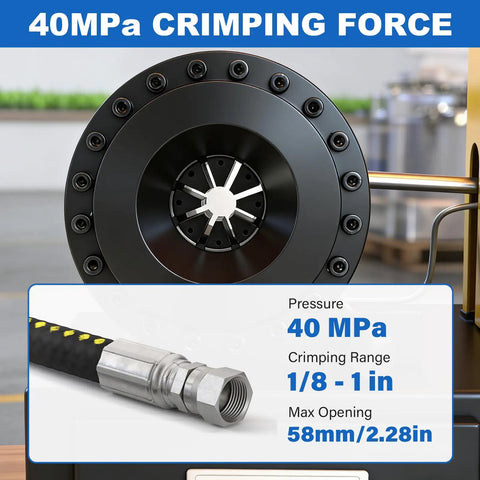 Pro Level Electric Hydraulic Hose Crimper With Eight Slick Dies For No Sweat Quarter To One Inch Seals On Automotive AC And Heavy Duty Farm Gear Portable 110 Volt Power Setup For Reliable Fuel Line And Hydraulic Repair Jobs, showcasing 40MPa crimping force.