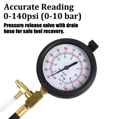 Pro Fuel Injection Pressure Tester Kit with 0 to 140 PSI gauge and pressure release valve for engine diagnostics.