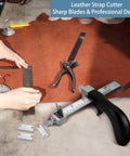 Pro Grade Leather Strap Cutter Kit with Aluminum Handle, three blades, ruler, pads, and bolts on a leatherworking table.
