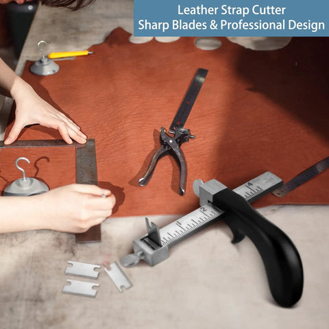 Pro Grade Leather Strap Cutter Kit with Aluminum Handle, three blades, ruler, pads, and bolts on a leatherworking table.