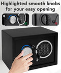 Rock Solid Security Safe Box With Digital Keypad And Backup Keys Steel Home Office Hotel Safe For Cash Jewelry And Important Documents Includes Two Emergency Keys Auto Lock After 3 Wrong Attempts Battery Operated, showing a hand operating the digital keypad with backup keys visible.