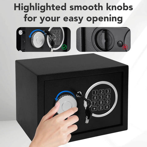 Rock Solid Security Safe Box With Digital Keypad And Backup Keys Steel Home Office Hotel Safe For Cash Jewelry And Important Documents Includes Two Emergency Keys Auto Lock After 3 Wrong Attempts Battery Operated, showing a hand operating the digital keypad with backup keys visible.