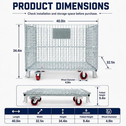 Hella Tough Collapsible Wire Storage Basket With Easy Roll Wheels Massive 3000 Pound Capacity Folding Metal Bin dimensions 40.0in x 32.1in x 34.4in.