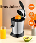 350W Electric Citrus Juicer With Stainless Steel Durable Construction And Two-Way Press Mechanism For Maximum Juice Extraction Efficiency Fine Filter Included Perfect For Fresh Orange Lemon And Grapefruit Squeezing Daily Kitchen Hassle Free Performance with orange on top.