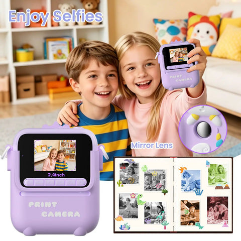 Totally Fun Kids Instant Print Camera With 1080P HD Photo Quality And On The Go Printing In Five Color Options For Playful Everyday Moments And Keepsakes Your Family Will Forever Love. Purple kids print camera with 2.4-inch screen