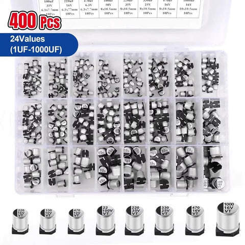 400 Piece SMD Aluminum Electrolytic Capacitor Kit With 24 Value Assortment From 1uF To 1000uF 50V Rating With Storage Case