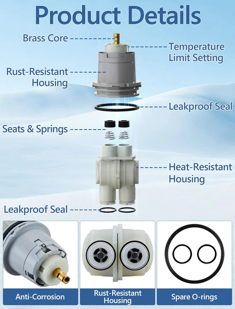 Delta Compatible Shower Cartridge Replacement For RP46074 features brass core, rust-resistant housing, leakproof seals.