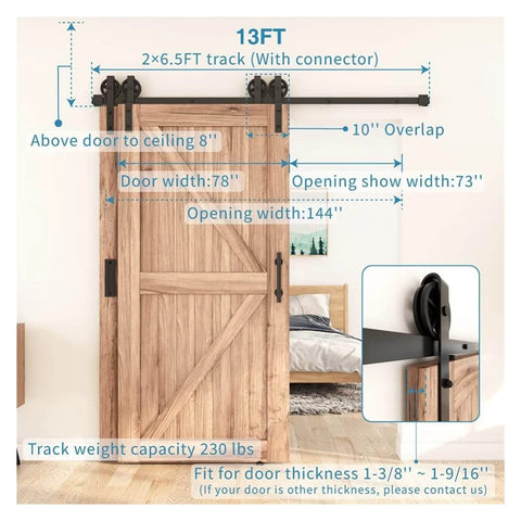 Antique Style Bypass Sliding Wood Barn Door Hardware Kit With Black Top Mounted Tracks And Bearing Rollers For Double Doors