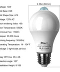 Motion Sensor LED Bulbs With 5500K Daylight No Hassle Auto On Off Lighting For Dusk To Dawn Security Motion Activated 13W 100W Equivalent E26 A19 Outdoor And Indoor 3 Pack Energy Saving, A19 E26 bulb dimensions and specs