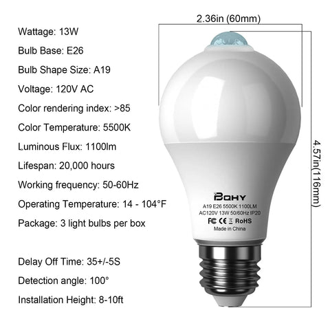 Motion Sensor LED Bulbs With 5500K Daylight No Hassle Auto On Off Lighting For Dusk To Dawn Security Motion Activated 13W 100W Equivalent E26 A19 Outdoor And Indoor 3 Pack Energy Saving, A19 E26 bulb dimensions and specs