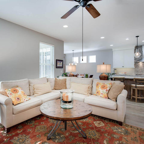Living room with ceiling fan using 2 Pack 36 Inch Stainless Steel Ceiling Fan Pull Chain Extension Bead Chain Rustproof and Heavy Duty.