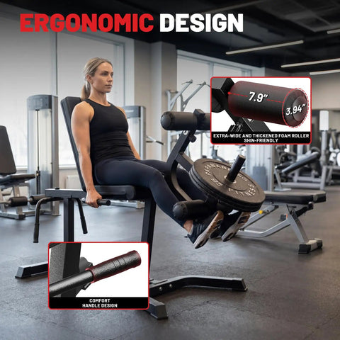 Woman using 2 In 1 Leg Extension And Curl Machine For Home Gym This Adjustable Seated Leg Extension And Lying Leg Curl in a gym setting.