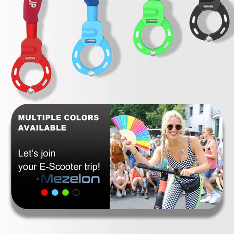 Colorful circular locks with advertisement for e-scooter trip featuring woman holding a scooter handlebar in a lively street scene.
