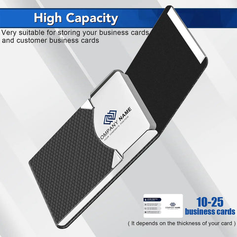 Slim Metal Business Card Holder with RFID Blocking PU Leather Case for Women or Men, open with card in Boss Vibe Black Carbon
