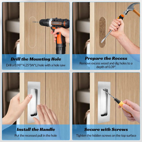 Installation of Two Pack Rectangular Recessed Sliding Closet Door Pulls Stainless Steel Handles 120mm by 40mm