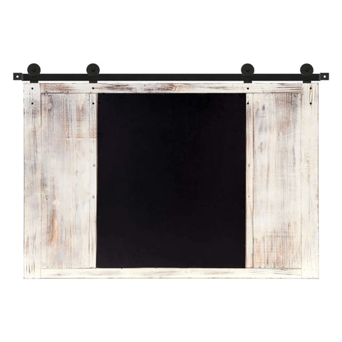 Farmhouse Barn Door Mirror With Rustic Wood Frame 37 By 26 Inches Wall Decor in rustic white finish, front view.