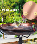 Copper Disk Bird Bath Cleaner With 99.9% Pure Copper, showcased in an outdoor bird bath with three-point support and birds.