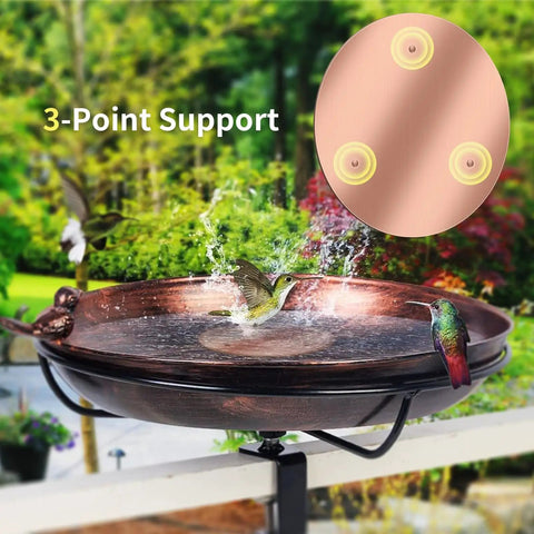 Copper Disk Bird Bath Cleaner With 99.9% Pure Copper, showcased in an outdoor bird bath with three-point support and birds.