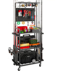 Black heavy duty Fishing Rod Holder Rack with wheels, 3 shelves for tackle boxes, tools on pegboard, garage storage organizer.