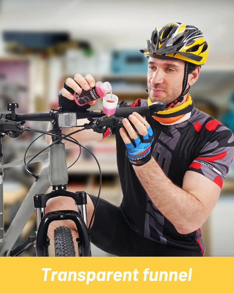 Cyclist using Easy Hydraulic Disc Brake Bleed Kit For MTB Brakes That Works With Shimano Tektro TRP Transparent Funnel