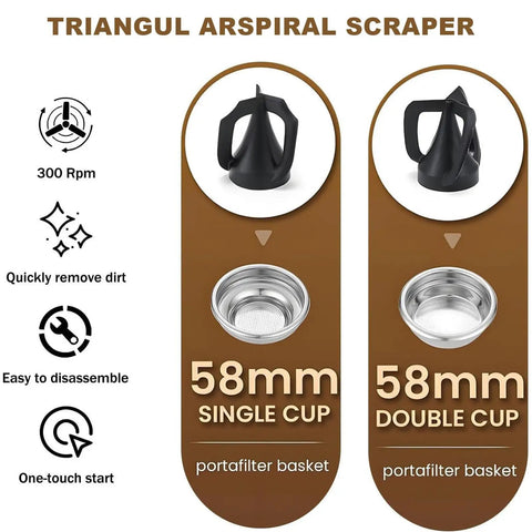 Automatic Portafilter Cleaner Machine Electric Espresso Knock Box For Chomping Coffee Pucks Fast With Durable Stainless Steel Finish For Real Deal At Home Baristas showcasing Triangul Arspiral Scraper and portafilter baskets.