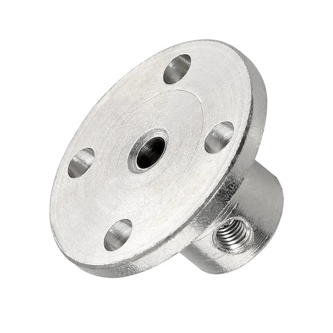 Front view: aluminum 6mm rigid flange coupling with four mounting holes and threaded hub