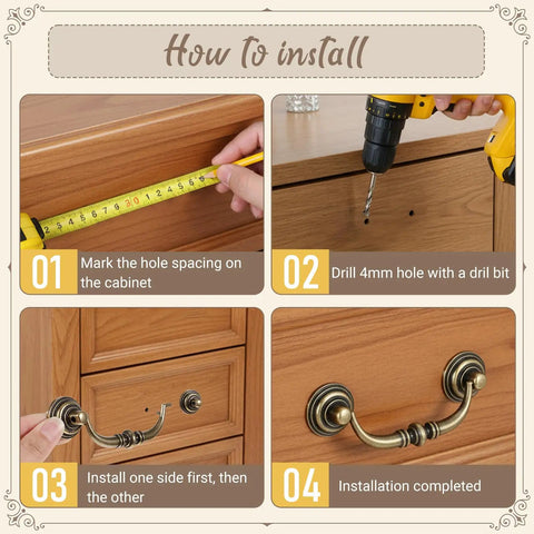Installation steps for Antique Bronze Drop Bail Drawer Pulls Set Of 10 With 4.5 Inch Total Length And 3.5 Inch Center.