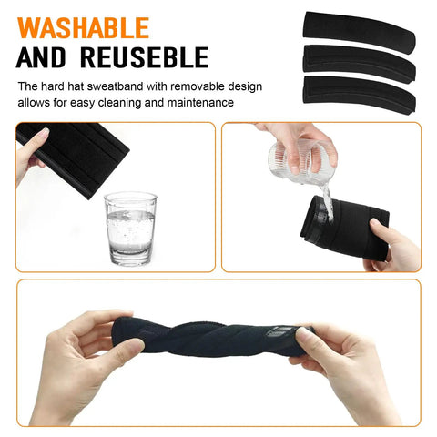 All Day Sweat Shield for Welders and Hard Hats Universal Helmet Sweatband Set shown as moisture-wicking and washable in 3-pack.