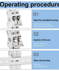 Diagram showing installation process of PV Solar Fuse Holder 2 Pole With 35mm DIN Rail Mount For Solar Arrays HSPV 30D DC 1000V 32A.