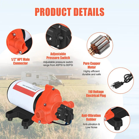 Close-up view of 110V Electric Water Pressure Pump 4.0 GPM 50PSI with adjustable pressure switch and copper motor details.