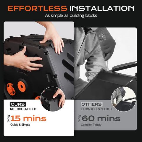 Hands assembling Dual Chamber 45 Gallon Compost Tumbler With Elevated Base And Large Opening For Garden And Backyard No Tools Needed 360 Degree Rotating Tumbling Bin.
