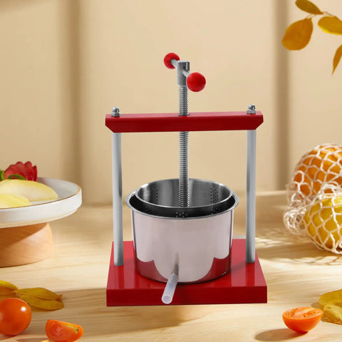 Heavy Duty 1.6 Gallon Stainless Steel Manual Press For Wine Cider Honey And Juicing, red and stainless design on wooden table.