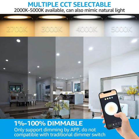 Smart 6-Inch Recessed Lighting Kit With J-Box 4 Pack Voice Control RGB Color Dimmable lit room with smartphone app control display
