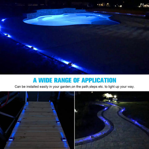 Blue LED Solar Deck Lights 12 Pack Waterproof Outdoor Lights for Driveway Dock Pathway lighting a poolside, dock, and pathway