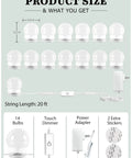 14 Bulb Vanity Lighting Kit For Makeup Mirror With Plug In Power Adapter And Touch Dimmer 6000K Cool White Up To 1350 Lumens CRI 90 Mirror Not Included, showing product size and components including bulbs, dimmer, and adapter.