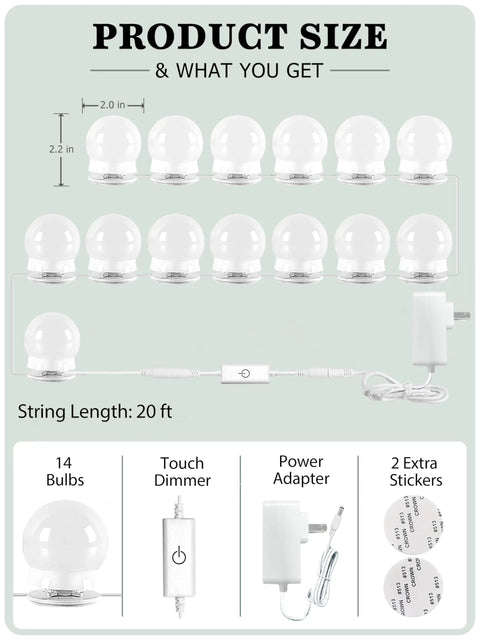 14 Bulb Vanity Lighting Kit For Makeup Mirror With Plug In Power Adapter And Touch Dimmer 6000K Cool White Up To 1350 Lumens CRI 90 Mirror Not Included, showing product size and components including bulbs, dimmer, and adapter.