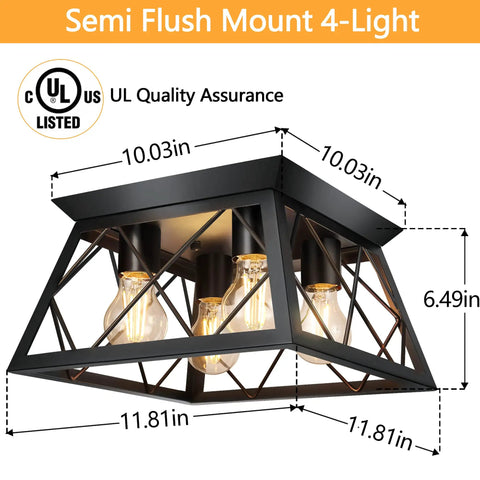 4 Light Black Dope Flush Mount Ceiling Light For Kitchen And Hallway Industrial Close To Ceiling Farmhouse Square Cage Lamp
