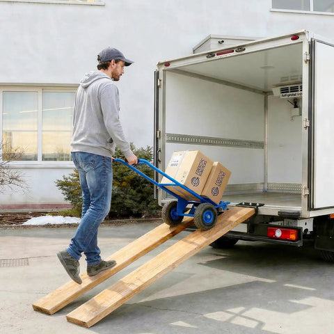 Man using Beefed Up Heavy Duty Steel Ramp Top Kit for 2x8 boards to load boxes into truck with a dolly