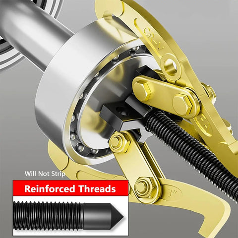Heavy Duty 2 Or 3 Jaw Gear Puller Tool With Bulletproof Carbon Steel Jaws shown in action for pulley extraction and reinforced threads.