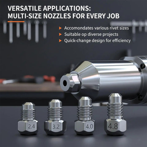 Electric Rivet Gun Adapter Kit With Removable Handle And Four Interchangeable Rivet Heads For Cordless Drills detailed view of nozzles for diverse rivet sizes.