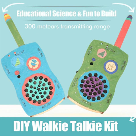 DIY Walkie Talkie Kit For Kids And Teens Hands On Electronics STEM Project with colorful wooden radios for indoor outdoor fun.