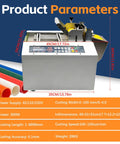 Fully Automatic Heat Shrink Tube Cutter With Digital Lcd Screen, Hot Wire Trimmer For Pvc Pe And Silicone Hose, showcased with specs.