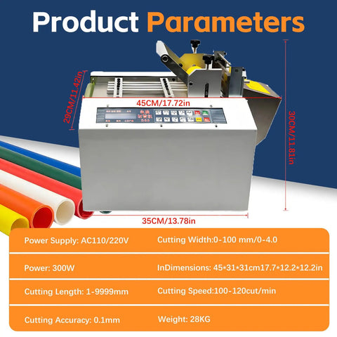 Fully Automatic Heat Shrink Tube Cutter With Digital Lcd Screen, Hot Wire Trimmer For Pvc Pe And Silicone Hose, showcased with specs.