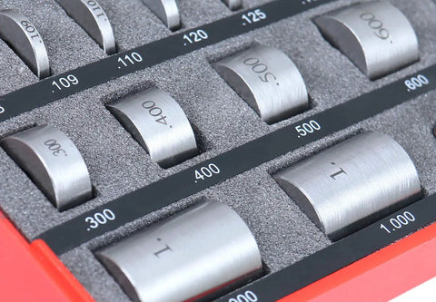 36 Piece Steel Spacer Block Set With Fitted Case Pro Grade Heavy Duty Precision Blocks From 0.101 To 0.109 Inch Hardened To HRC 57-60 3/4 Inch Diameter With 1/4-28 Thread Includes Four Connecting Screws